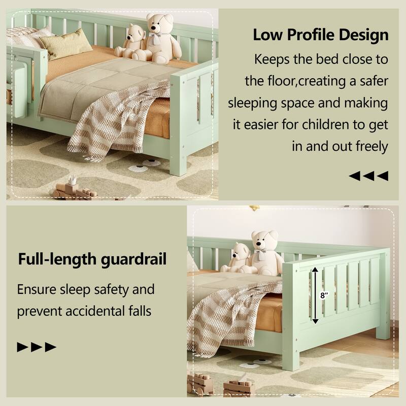 Twin bed with built-in bookshelf and high-quality safety guardrail