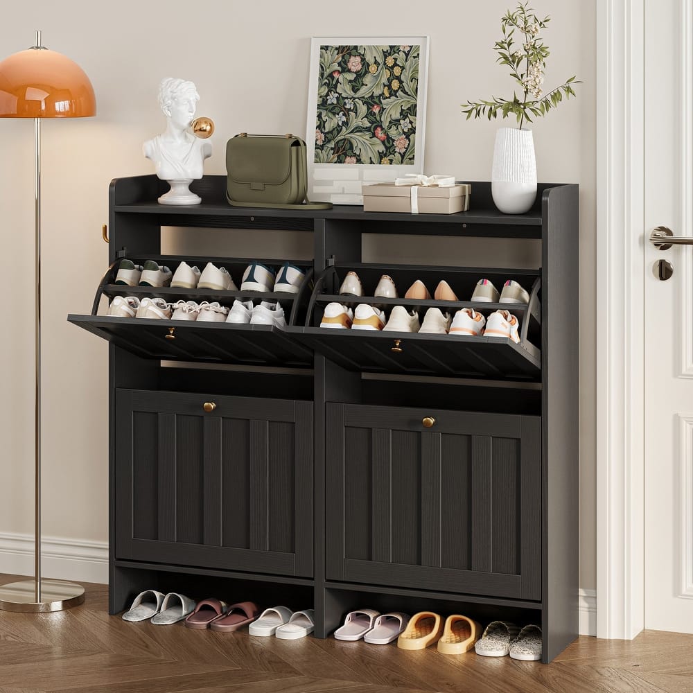 Shoe Cabinet with Flip Drawers, Slim Shoe Storage Cabinet for Entryway, Freestanding Narrow Rack with Open Storage