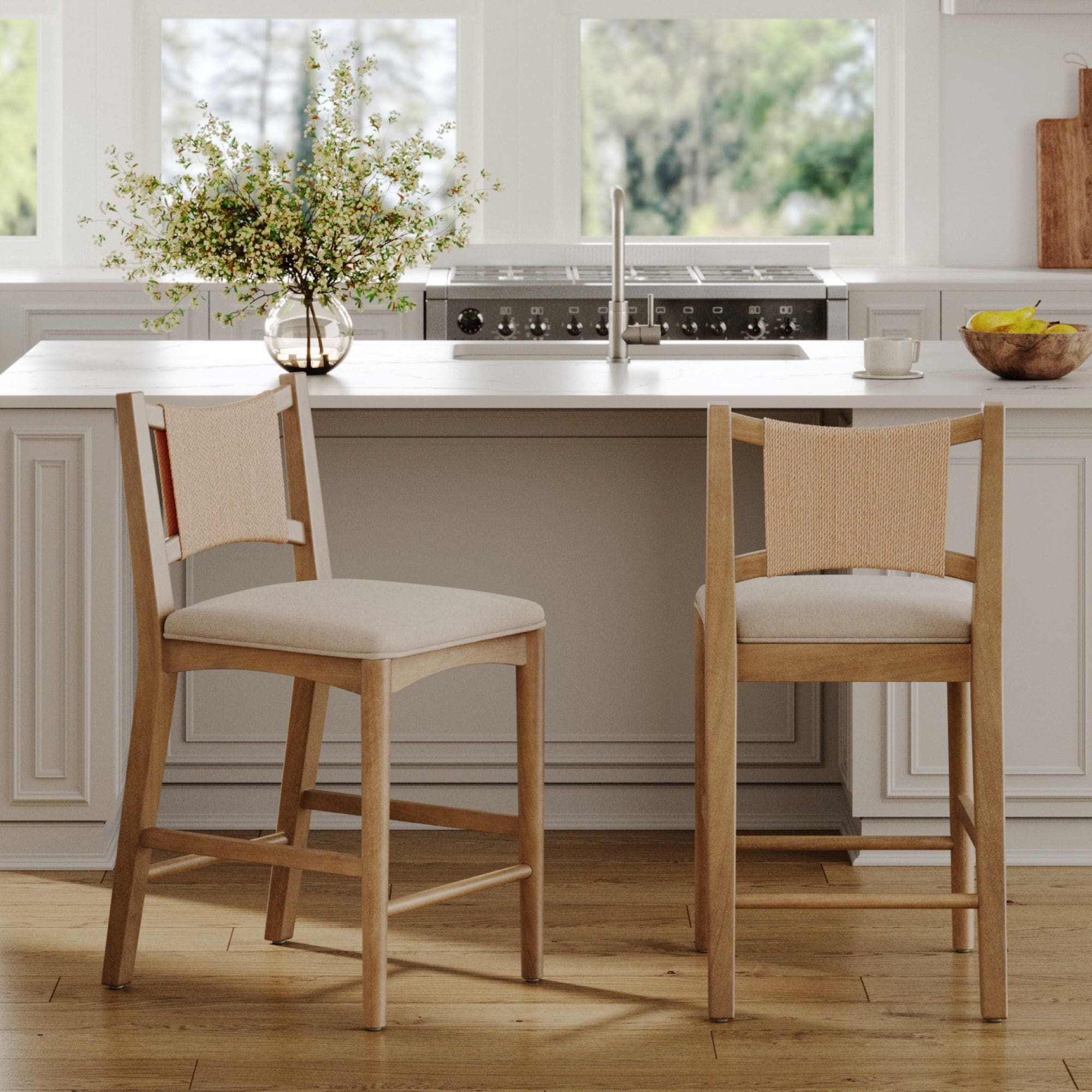 Elodia Boho Counter Height Bar Stool with Woven Seagrass Backrest and Solid Wood Frame