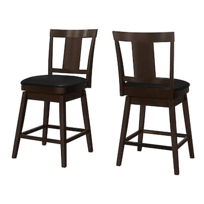 HomeRoots Set of Two 23 " Black And Espresso Faux Leather And Solid Wood Swivel Counter Height Bar Chairs