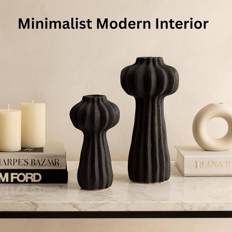 Aria Home Black Ceramic Cactus Inspired Vases Set of Two Modern Decor