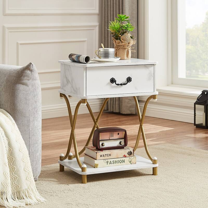 Modern 1-Drawer Nightstand with Storage Shelf, X-design End Side Table, Set of 2