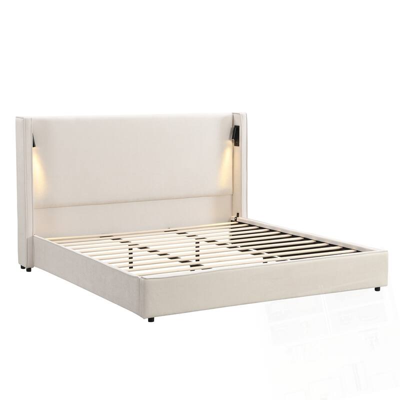 Upholstered Bed Frame with High Wingback Headboard Reading Lamp and USB port