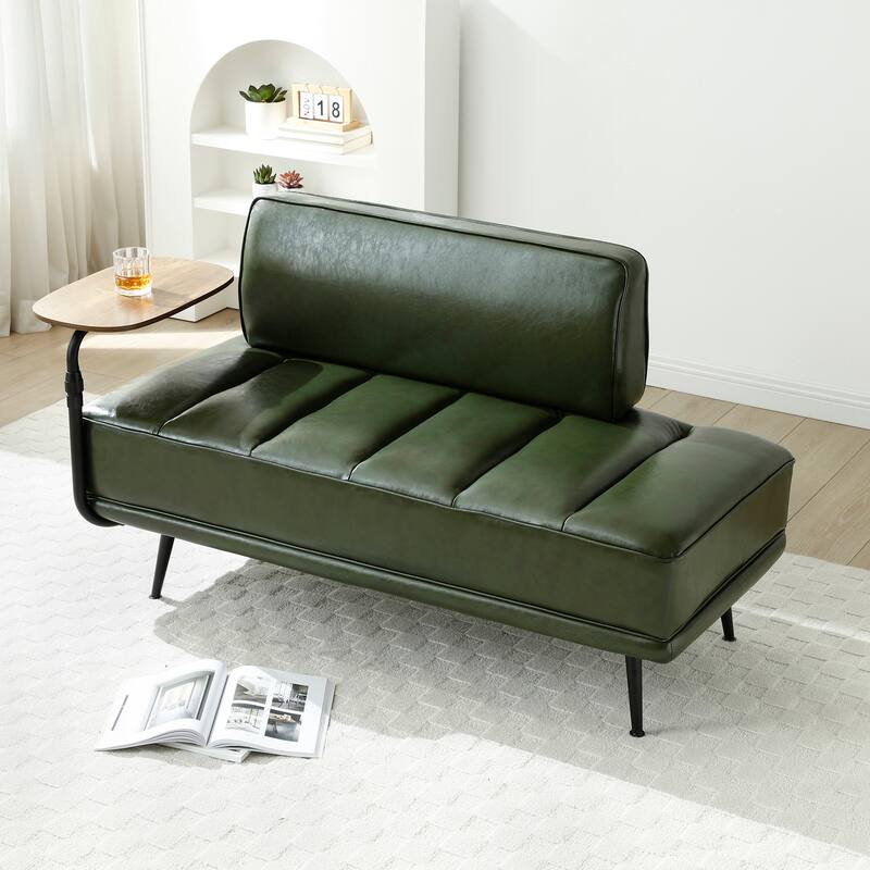 55"Inch Width Modern End of Bed Bench, Faux Leather Upholstered With side table, 360-degree Swivel tray couch - Green
