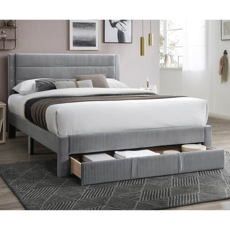 Queen Size Corduroy Platform Bed with Storage Drawer and Channel-Tufted Headboard and Contemporary Design