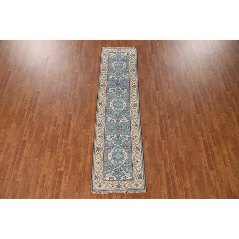 Light Blue Oushak Oriental Runner Rug Handmade Wool Carpet - 2'6"x 9'9"