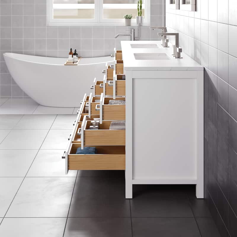 Aberdeen 96 in. White Double Sink Bath Vanity with Carrara Quartz Top and Undermount Porcelain Sinks - 96"