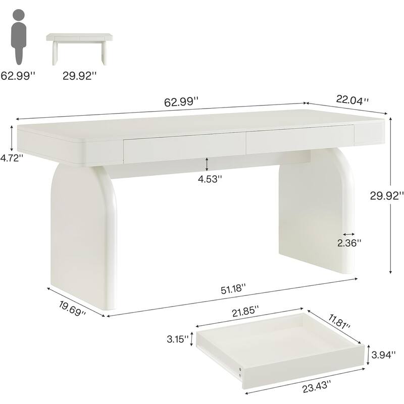 White Home Office Desk with Drawers, 63-Inch Modern Executive Desk