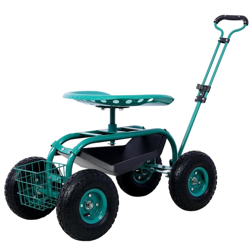 Rolling Garden Scooter Garden Cart Seat with Wheels and Tool Tray, 360 Swivel Seat - Green