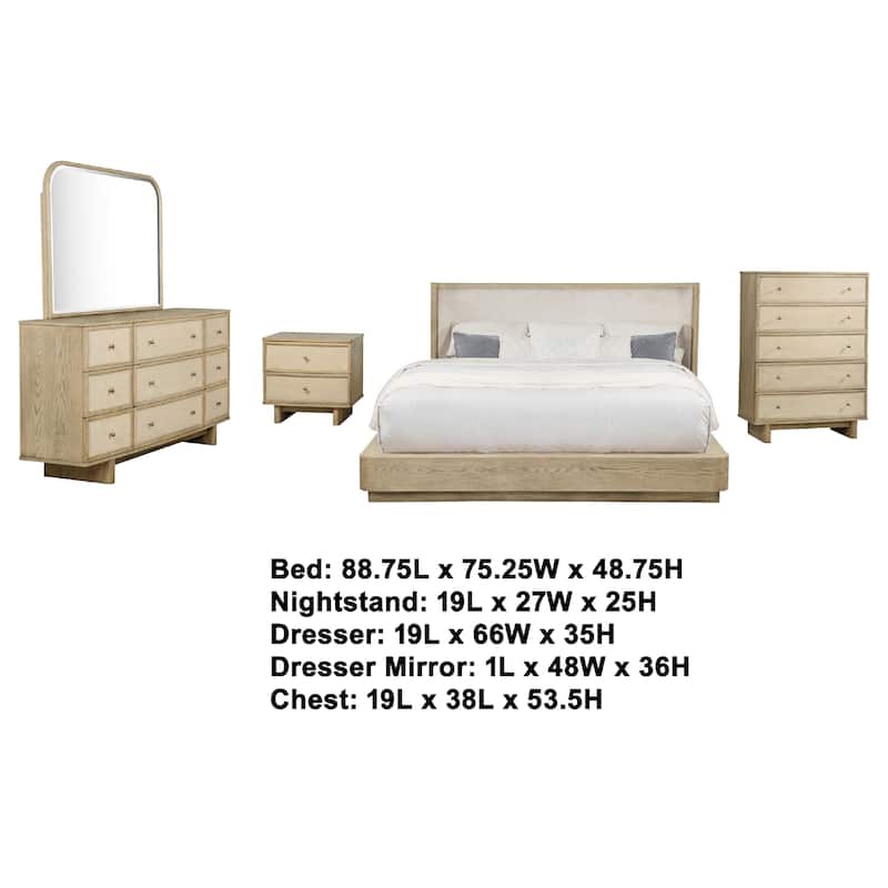 Lno 5pc Queen Bedroom Set, Resin Cane, Beige Oak, Beige Upholstery