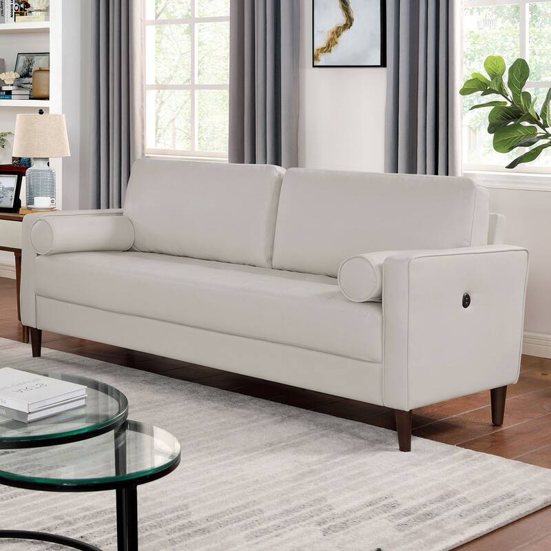 Contemporary Style Off-White 1Pc Sofa Leatherette Upholstered W Usb Bench Style Seating Bolster Pillows