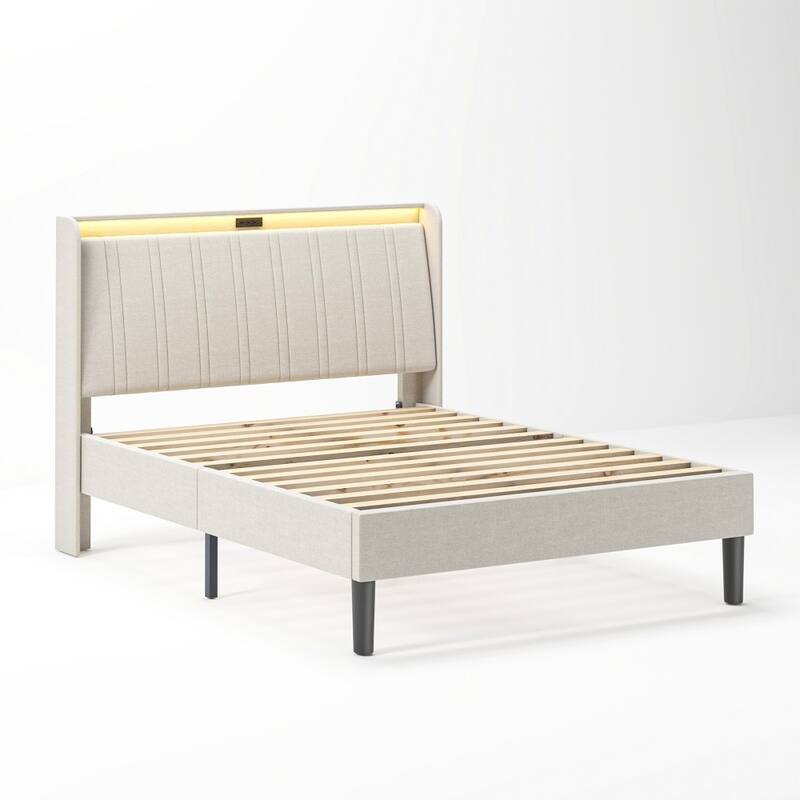 Modern Platform Bed Frame with Fabric Upholstered Headboard and Wooden Slats Support