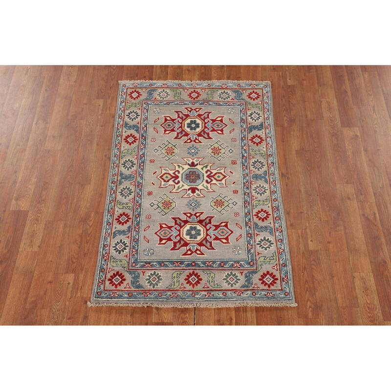 Gray Geometric Kazak Oriental Accent Rug Bedroom Handmade Wool Carpet - 2'8" x 4'2"