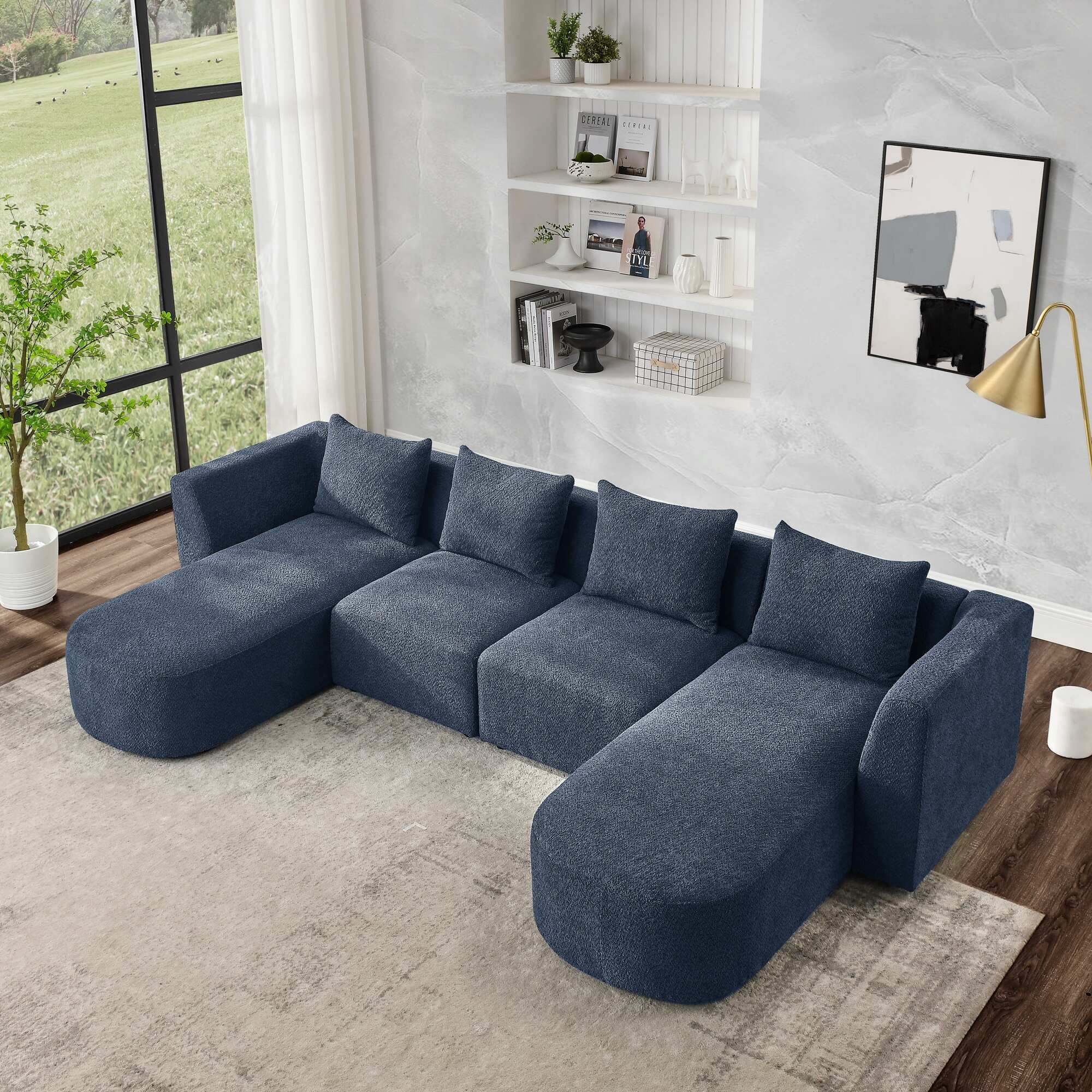 Navy U-Shape Sectional Sofa with Round Chaises & Single Seats