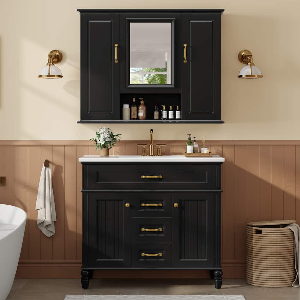 Roomfitters 36" Bathroom Vanity & Mirror Cabinet Set, Textured Solid Wood Frame, Soft-Close Doors & Tip-Out Tray
