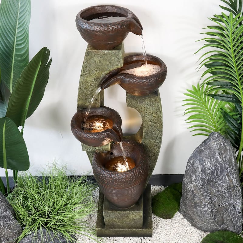 40'' H Outdoor Curved Water Fountain with Lights, 4-Tier Resin Fountain