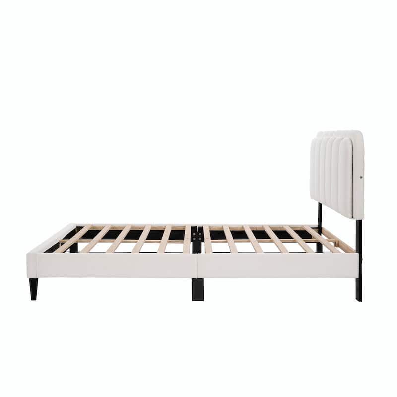 Lambswool Petal Headboard Bed Frame - Cream Style Bedroom Soft Bed with Ambient Light