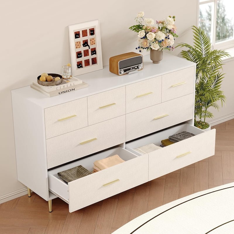 Modern Dresser for Bedroom, Fabric Pattern Chest of Drawer with Gold Metal Handles and Legs - 8-drawer