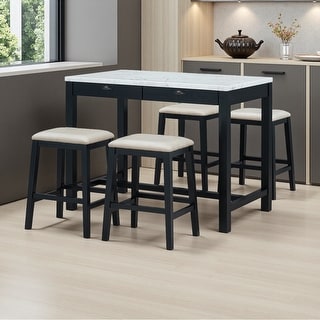 3-Piece Dining Set for 2, Counter Height Marble Table with Storage ...