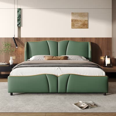 Christopher Knight Home - Emerson Modern Leather Upholstered Bed Frame with Wingback Headboard and Wavy Footboard