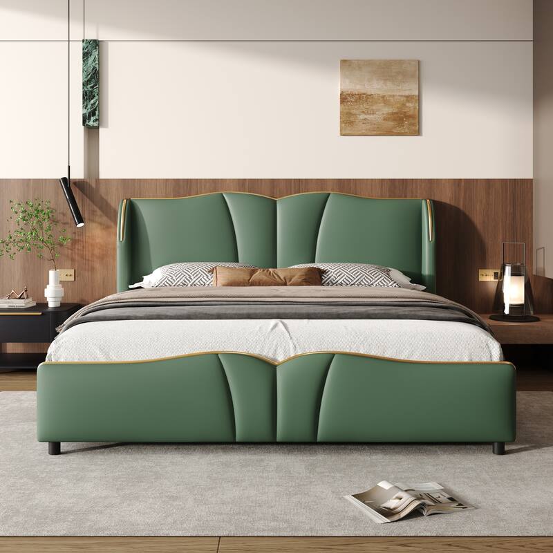 Modern Queen Size Leather Upholstered Bed Frame with Wingback Headboard and Wavy Footboard, Dark Green - Dark Green