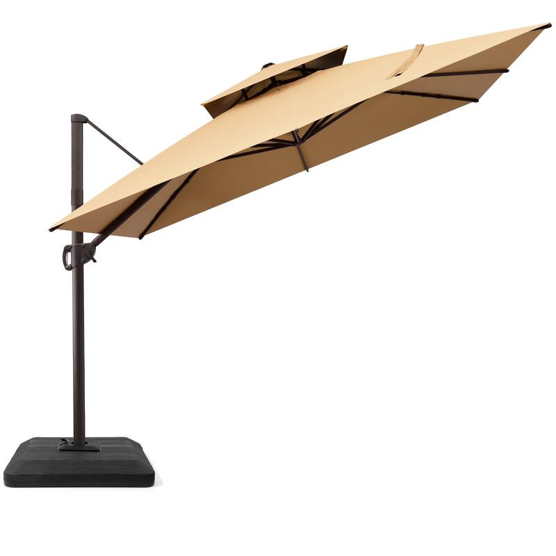 VredHom 11 FT Square Outdoor Patio Double Top Cantilever Umbrella with Weight Base - Tan