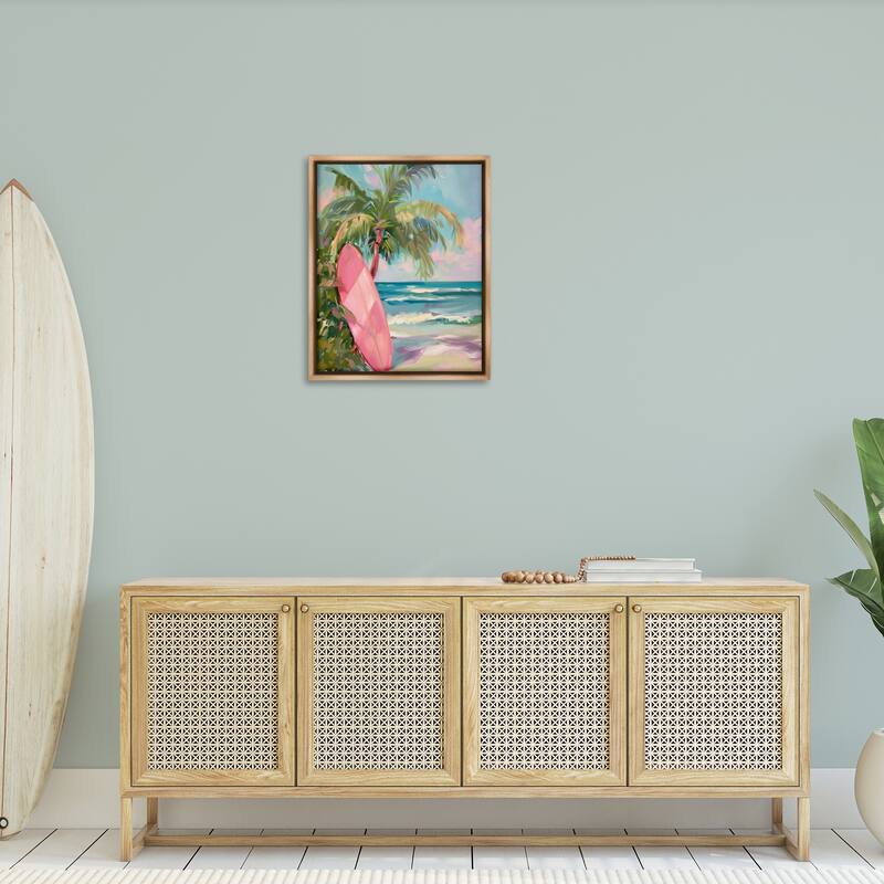 Stupell Pink Surfboard on Beach Framed Floater Canvas Wall Art Design By Arlington Prints