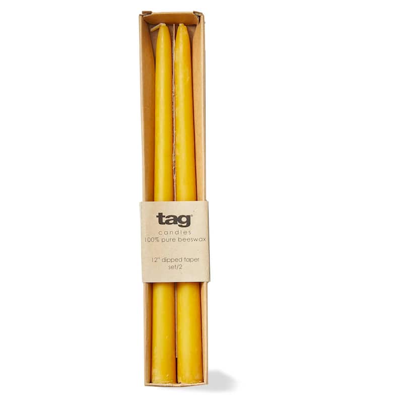 Beeswax 12" Dipped Taper Candles - Honey Yellow, 8 Hour Burn Time, Perfect for Everyday Use, Set of 2