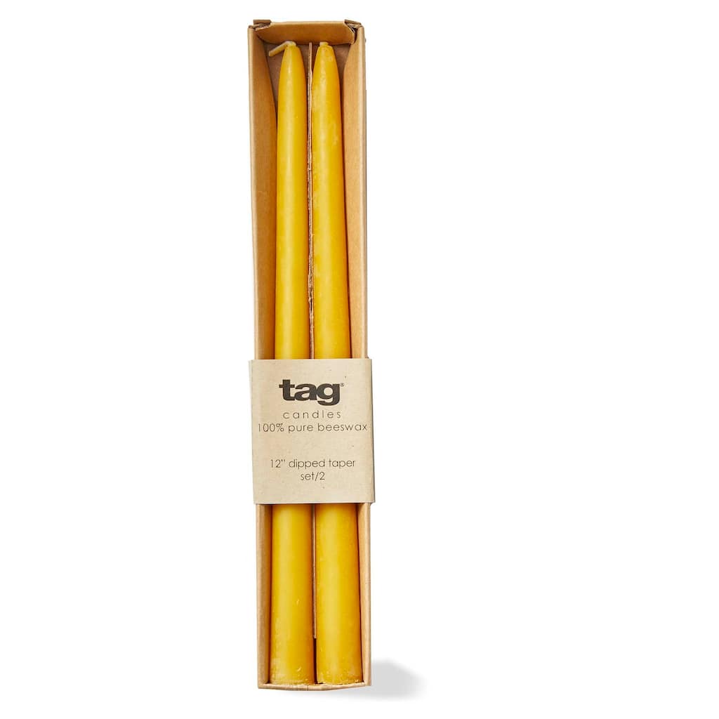 Beeswax 12" Dipped Taper Candles - Honey Yellow, 8 Hour Burn Time, Perfect for Everyday Use, Set of 2