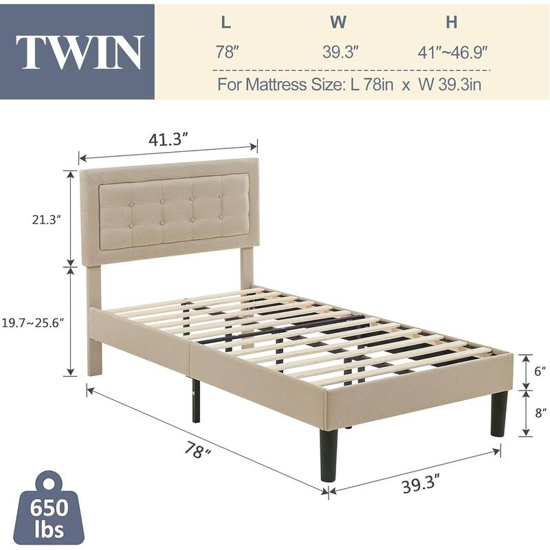 VECELO Bed Frame with Adjustable Headboard, Upholstered Button Tufted Platform Bedframe with Wood Slats Support