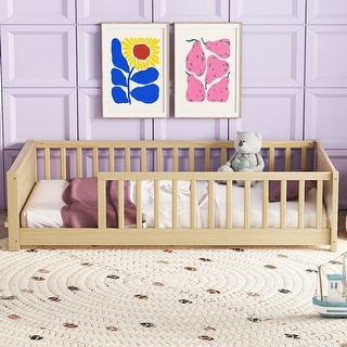 Twin Pine Wood Floor Platform Bed w/Built-in Book Storage Rack,Natural