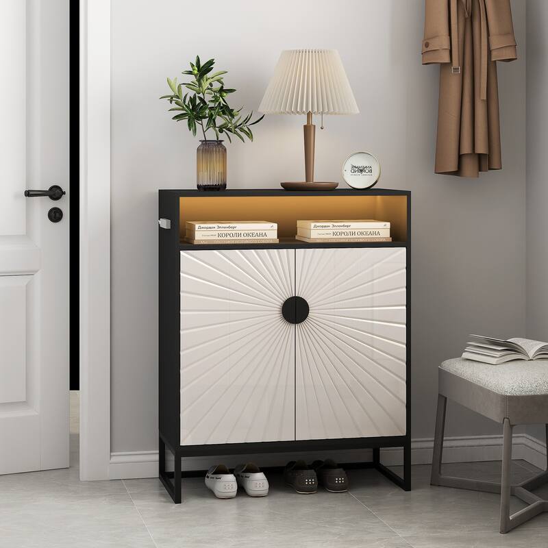 GDFStudio - Liora 5-Tier Shoe Cabinet with Doors and Motion Sensor Light, Adjustable Shelves, Wooden Storage