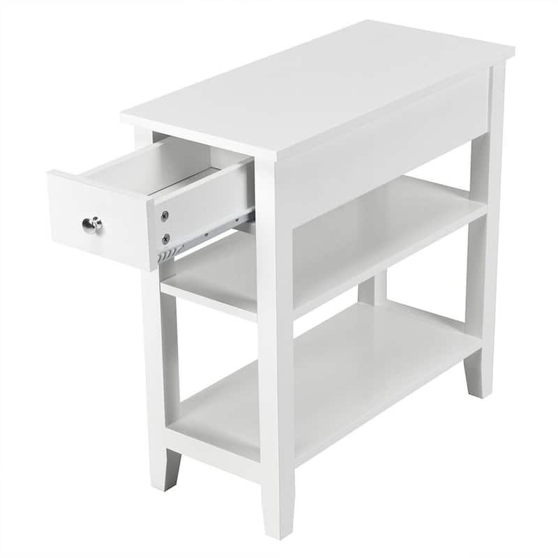 3-Tier Nightstand Bedside Table Sofa Side with Double Shelves Drawer-White - 24" x 12" x 24.5" (L x W xH)