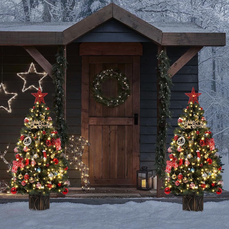 2Pcs 4.5 Ft Artificial Christmas Tree with 300 Warm White LED Lights and Potted Base Holiday Xmas Tree
