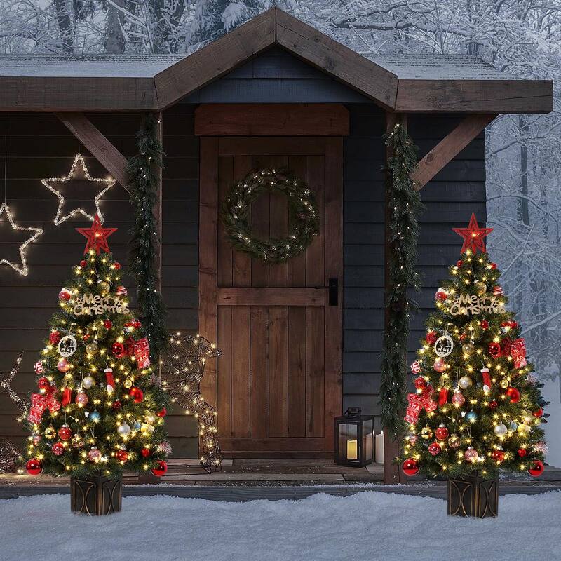 4.5 Ft Artificial Christmas Tree with 200 Warm White LED Lights and Red Berries Potted Base Holiday Xmas Tree