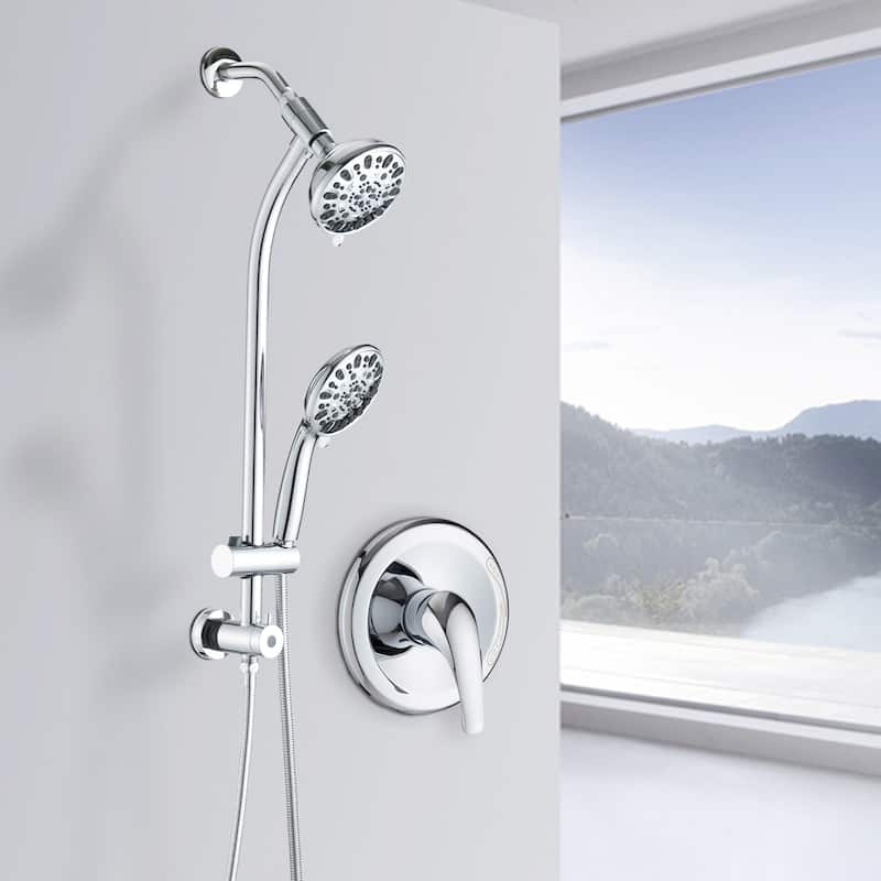 Drill-Free Stainless Steel Slide Bar Combo Rain Showerhead 7-Setting Hand, Dual Shower Head Spa System (Rough-in Valve Included)