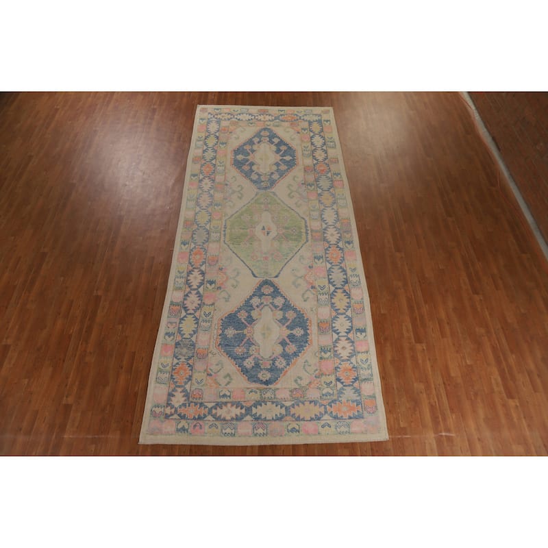 Hand Knotted Oriental 100% Wool Carpet Transitional All-Over Beige & Ivories Oushak Area Rug - 14' 2'' X 6' 1''