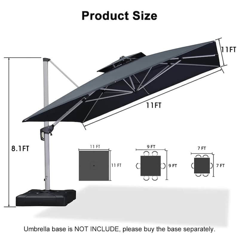 PURPLE LEAF Double Top Deluxe Square Patio Cantilever Umbrella 360 Degree Rotation 9ft/10ft/11ft/12ft Outdoor Classic Umbrella - 11ft x 11ftGrey