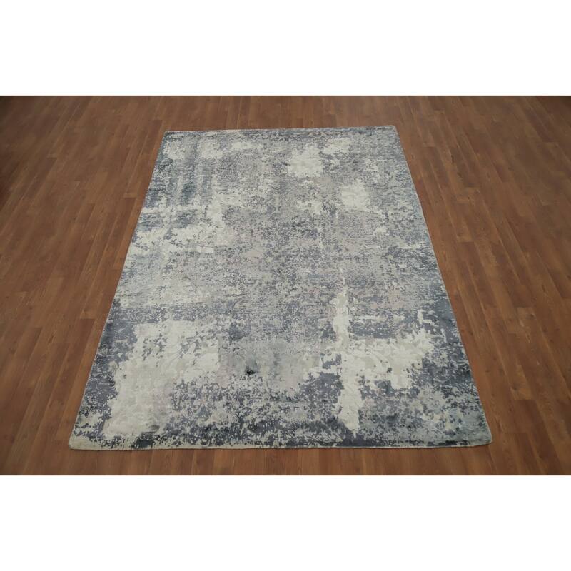Hand Knotted Oriental Viscose Silk Carpet Modern All-Over Greys & Charcoal Abstract Area Rug - 8' 2'' X 5' 7''