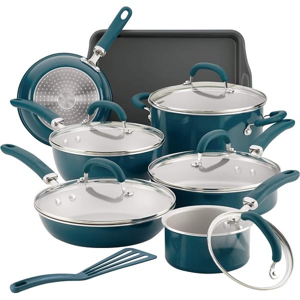 13-Piece Create Delicious Nonstick Cookware Pots and Pans Set, Teal Shimmer