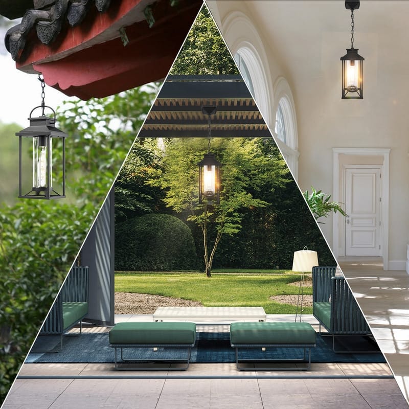 Black Outdoor Pendant Light - Waterproof Hanging Lantern for Porch, Patio & Gazebo, Ribbed Glass (1 Pack)
