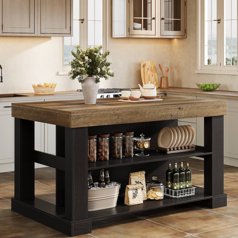 55-Inch Stationary Kitchen Island with Storage Shelves and Large Worktop, Farmhouse Style, Light Brown - Black+Brown