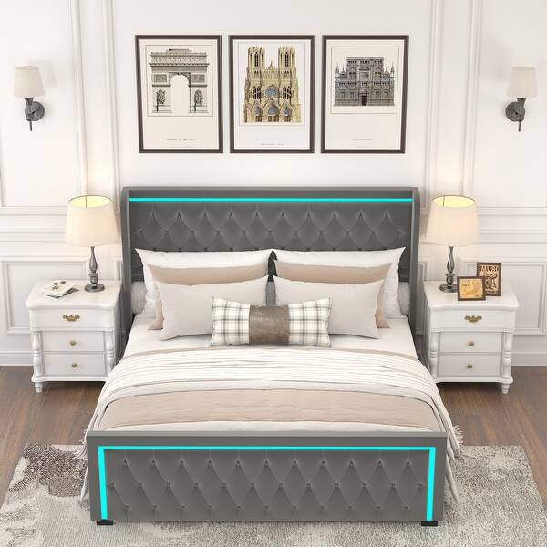 Queen Velvet Platform Bed Frame with High Headboard and LED Light Bed