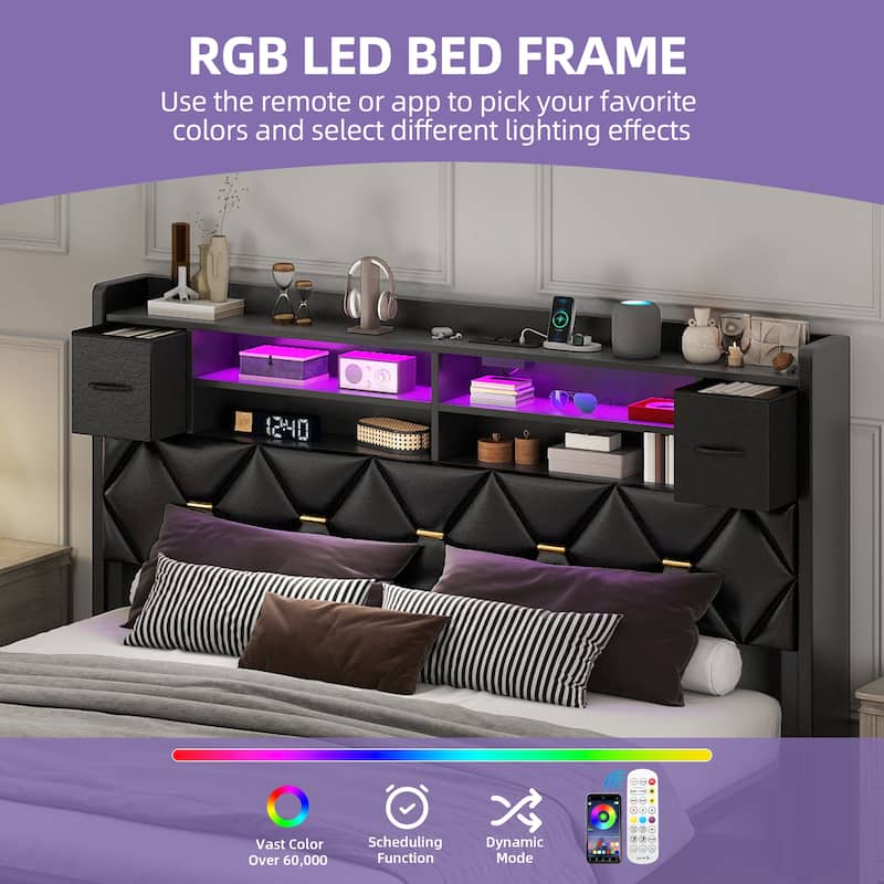 Black Farmhouse Bed Frame Upholstered Headboard Platform Bed with Charging Station