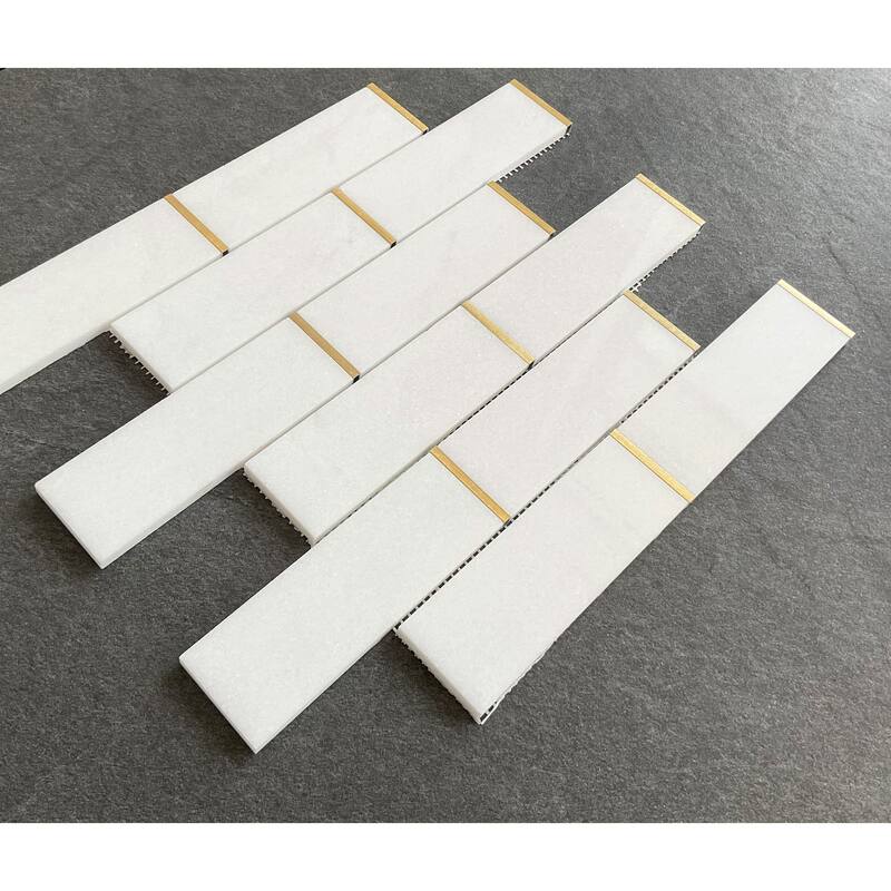 Thassos White and Gold Metal Marble Wall and Floor Mosaic Tile - Case (10 Sheets)