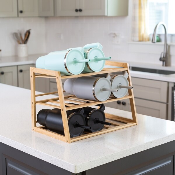 Natural Bamboo 3-Tier Water Bottle Organizer for Cabinet or Pantry