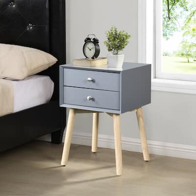 Nightstand with Double Drawers and Rubber Wood Legs, Mid-Century Modern Design