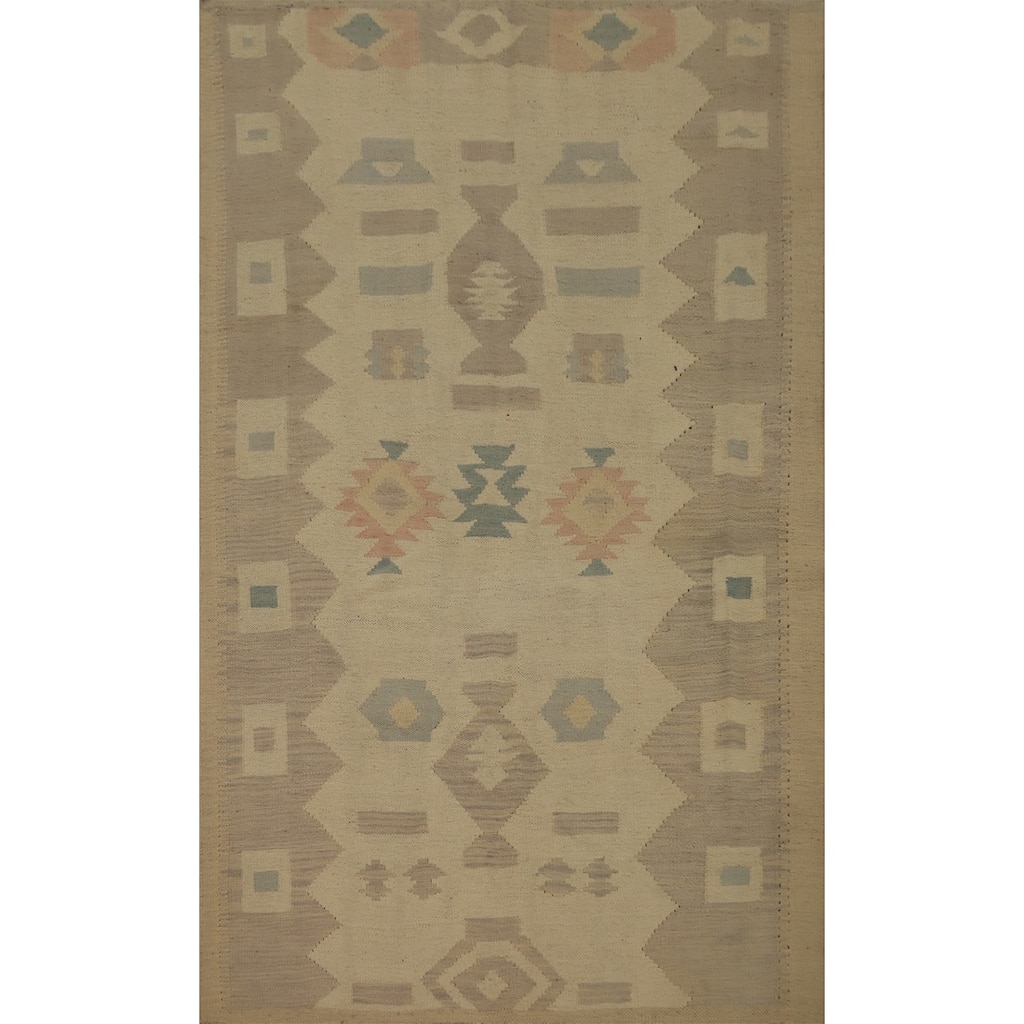 Hand Woven Oriental 100% Wool Carpet Southwestern Tribal Beige & Ivories Kilim Area Rug - 5' 9'' X 4' 1''
