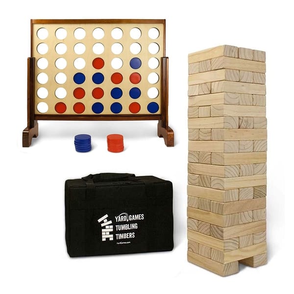 slide 2 of 8, YardGames Giant Tumbling Timbers Wood Stacking Game Bundle with 4 in a Row Game - 33 x 3 x 22 inches
