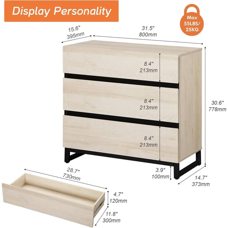 WAMPAT Nightstand with 3 Drawers for Bedroom, Modern Bedside Table with Black Square Iron Leg, Wood Rustic Side Table